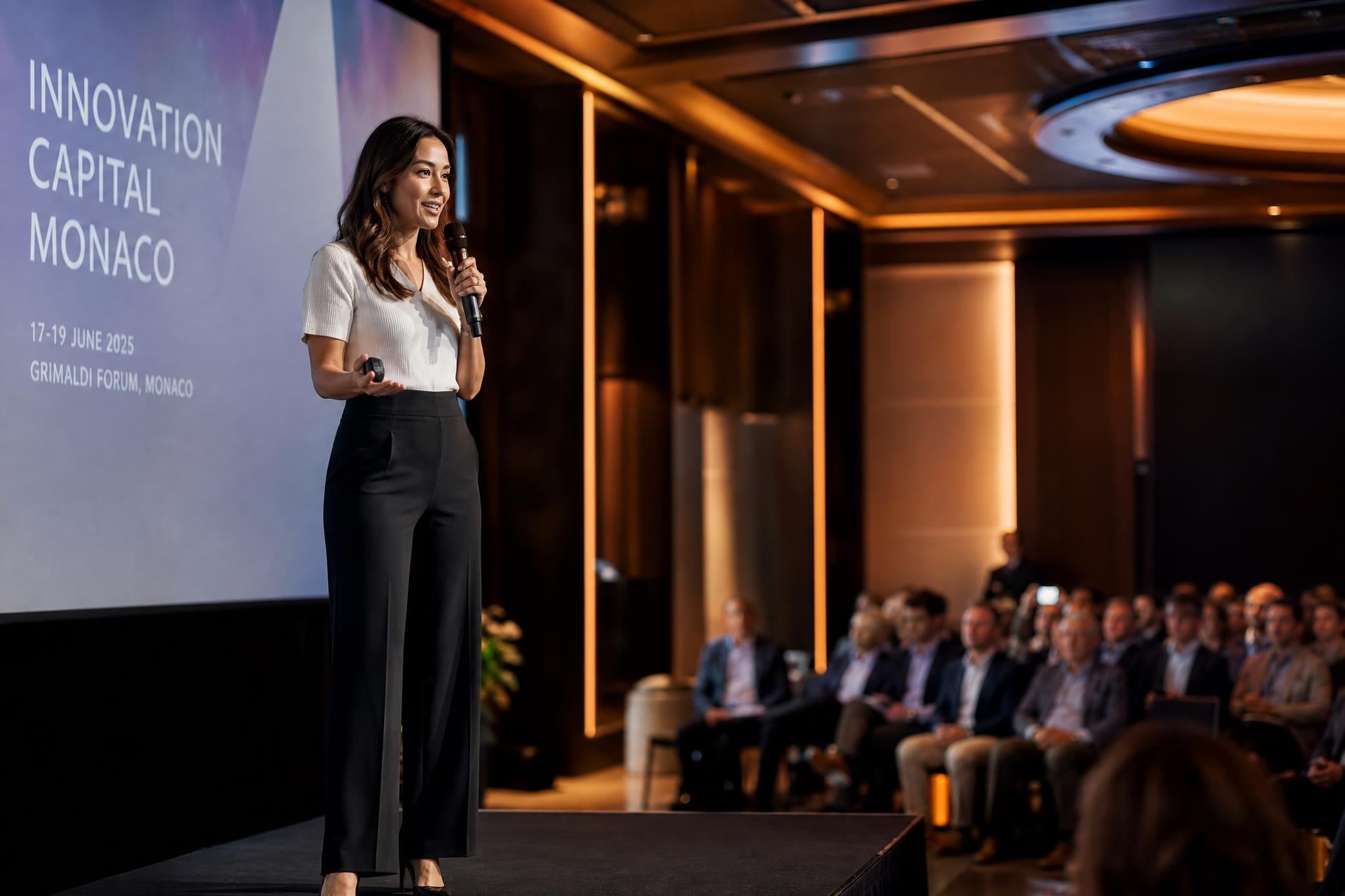 Female founder pitching to an investor audience in Monaco